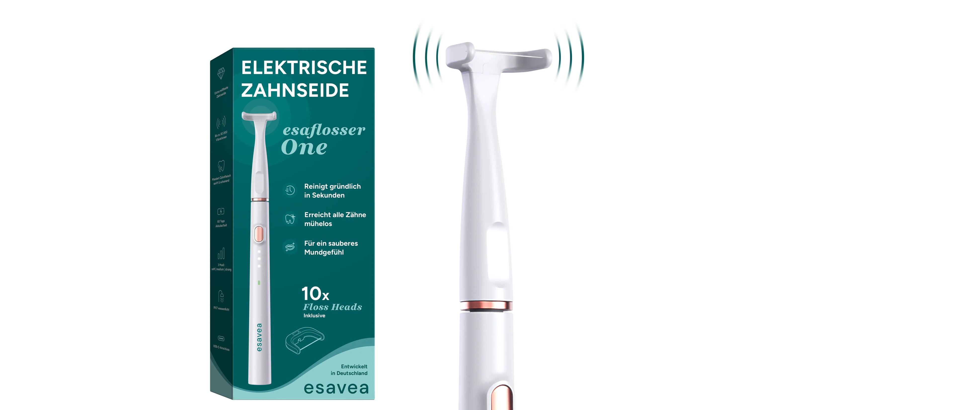 esaflosser One elektrische Zahnseide – innovatives Zahnpflegegerät mit Schalltechnologie, Ersatzaufsätzen und hygienischer Anwendung