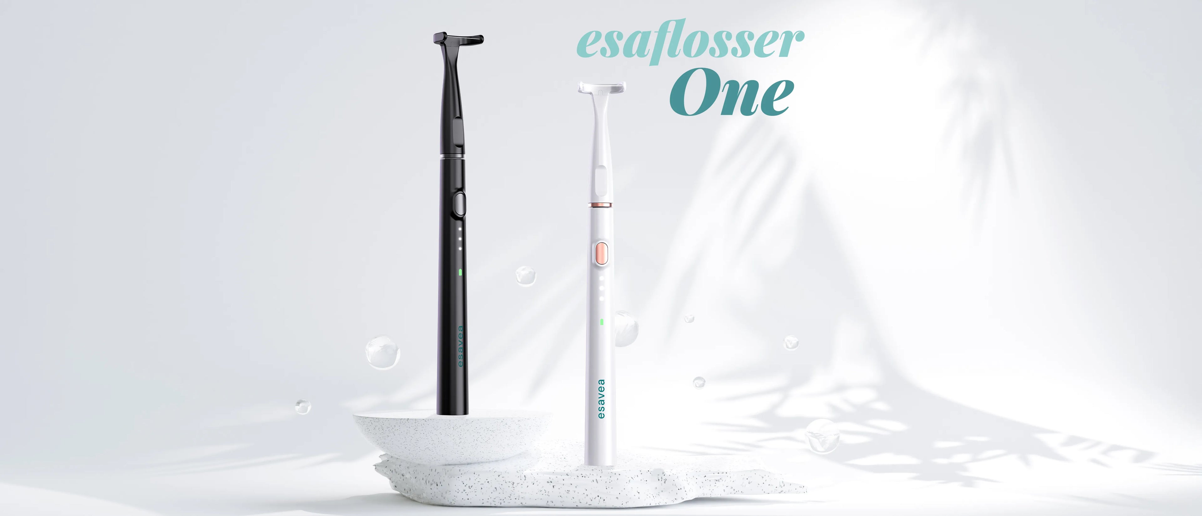 Hero Banner: esaflosser One elektrische Zahnseide – modernes Zahnpflegegerät von esavea für gesunde Zähne und gründliche Reinigung in schwarz und weiß