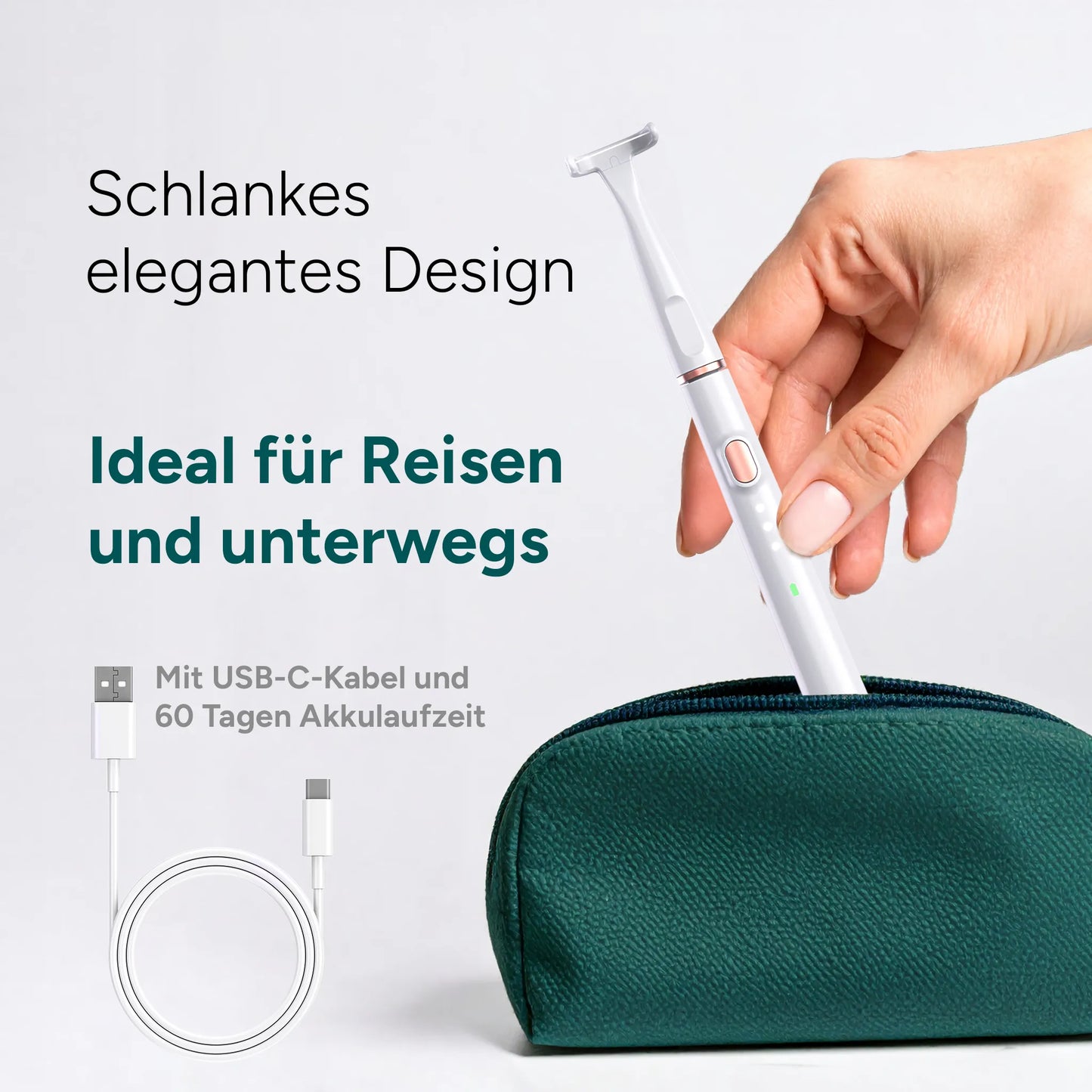 Text und kompakter esaflosser One von esavea inklusive USB-C Ladekabel – tragbare elektrische Zahnseide für Reisen und Alltag