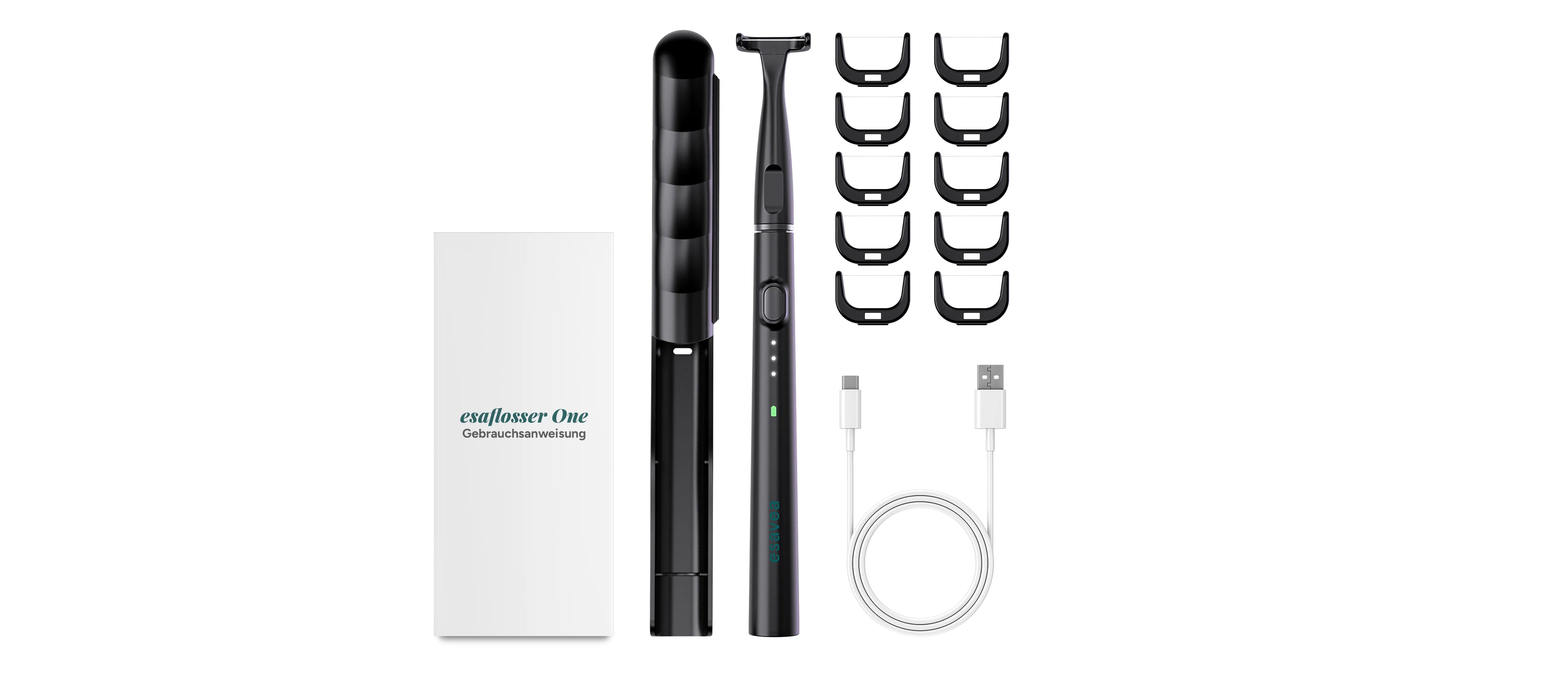 Lieferumfang esaflosser One in Schwarz – elektrische Zahnseide mit Aufsätzen, USB-C Ladekabel, Etui und Gebrauchsanweisung
