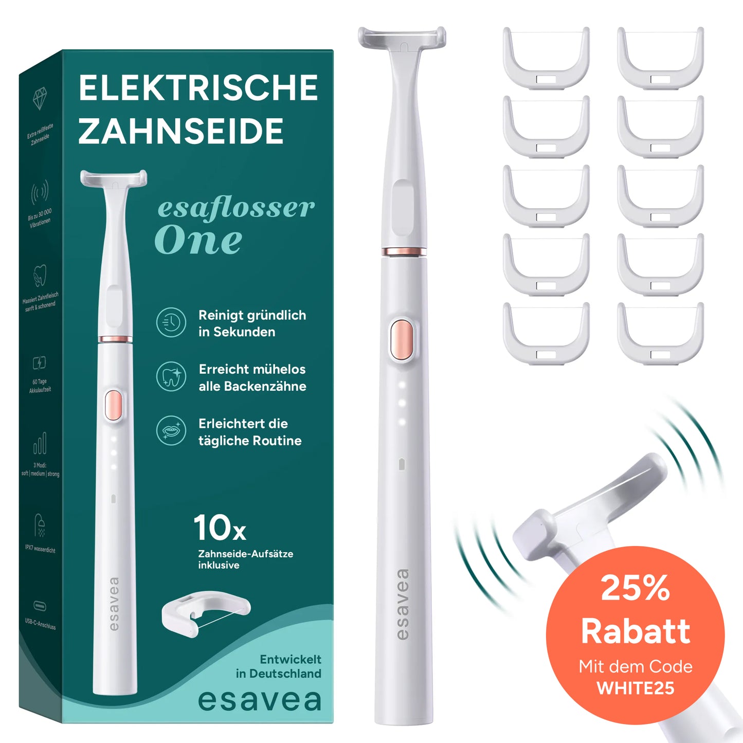 esaflosser One – Elektrische Zahnseide inkl. 10 Aufsätzen